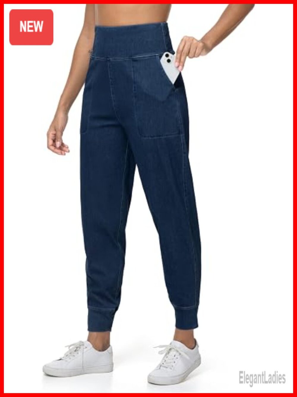 High Waisted Denim Joggers Pants Stretchy Tapered Pull On Casual Workout Jeans